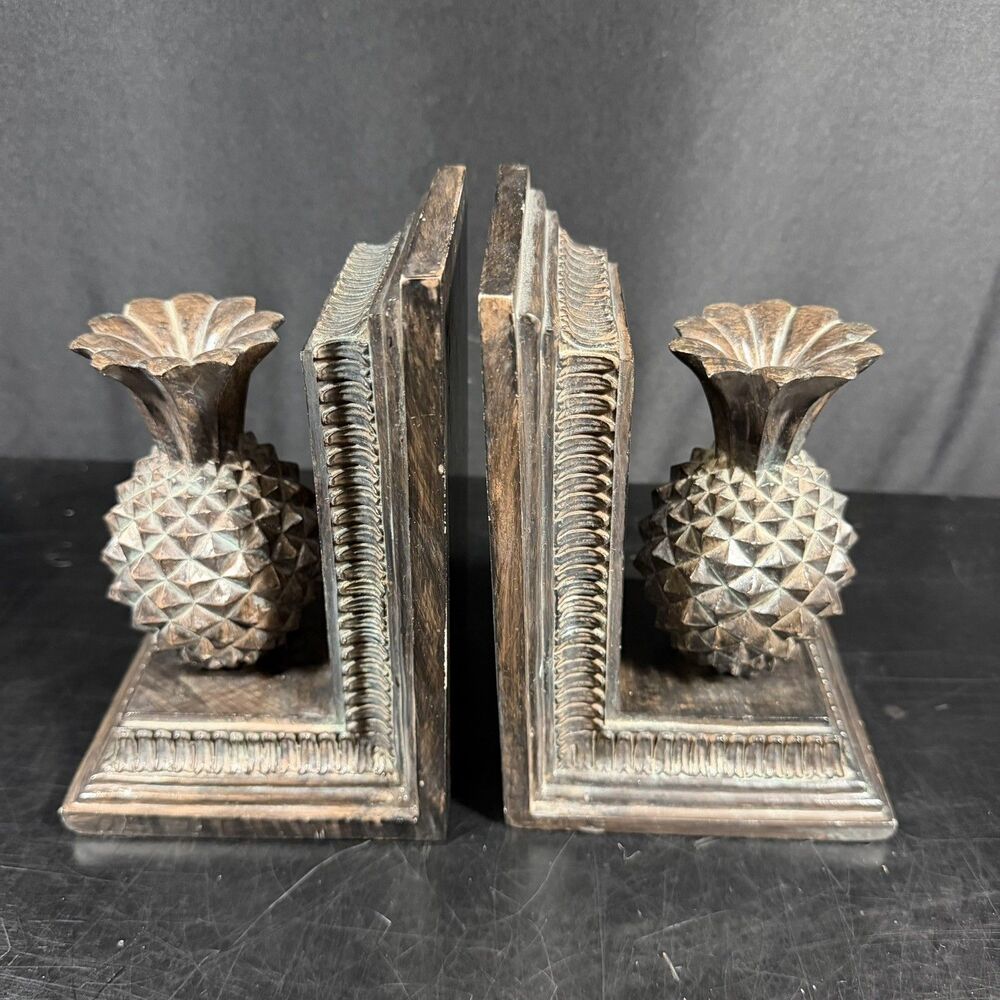 Vintage Heavy Dark Brown Pineapple Bookends Carved Wood/Resin 7 3/8" Tall
